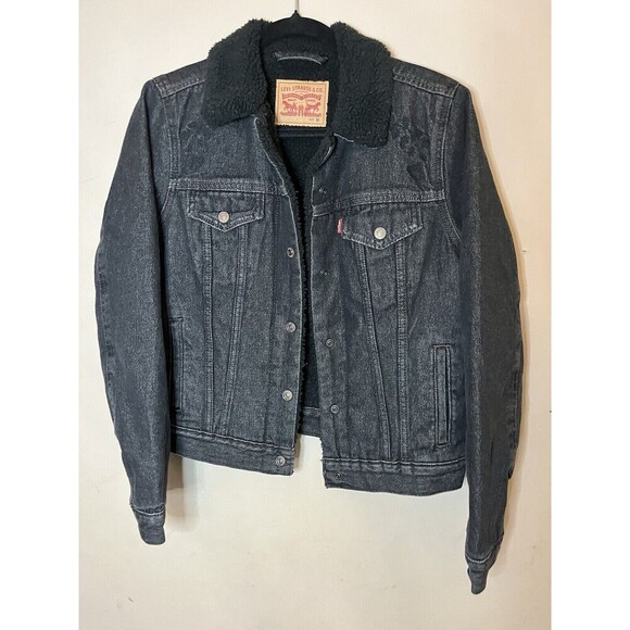 Levi's Sherpa Trucker Womens  Denim Jacket Black Ladies Size Medium embroidered - Picture 1 of 10